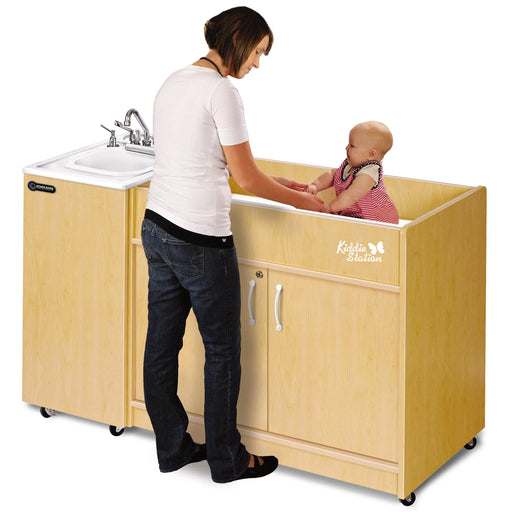 Ozark River Kiddie Station Portable Hot Water Handwashing Sink with Changing Deck – Maple Finish, NSF Certified, Self-Contained & ADA Compliant - The Fountain Direct