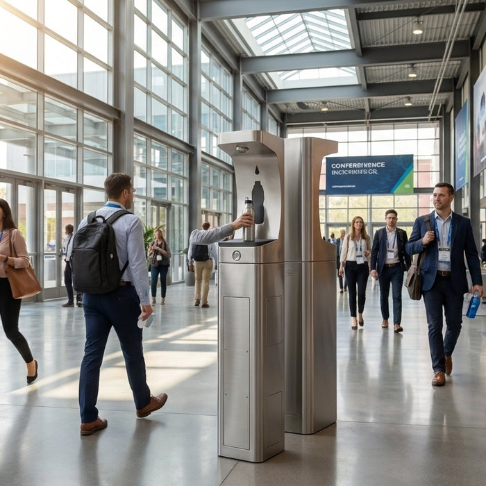 Water bottle filling station for convention centers