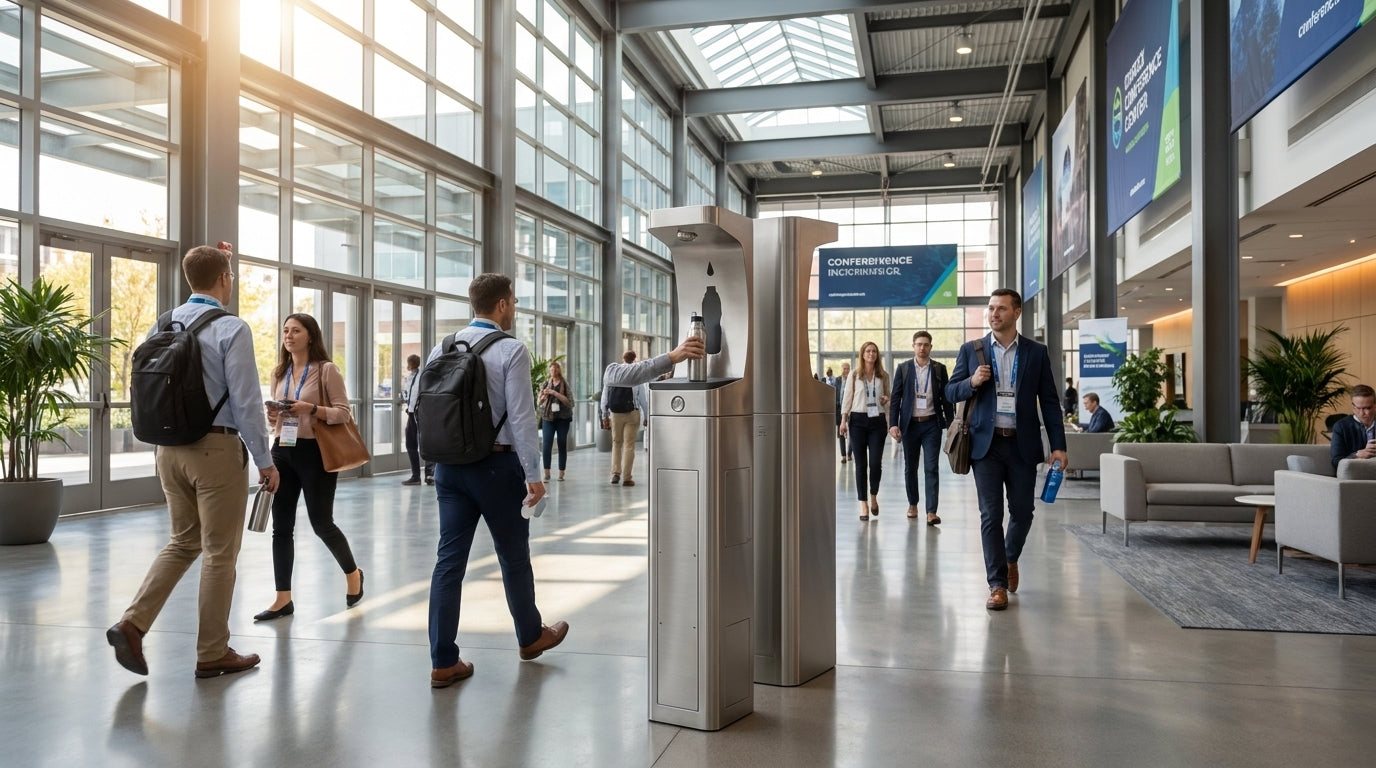 Water bottle filling station for convention centers