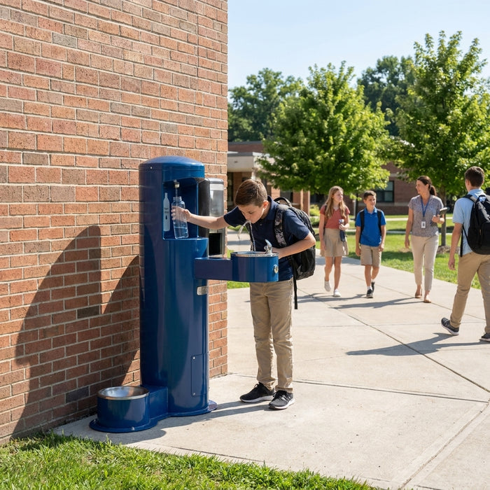 Outdoor wall-mounted drinking fountain for schools