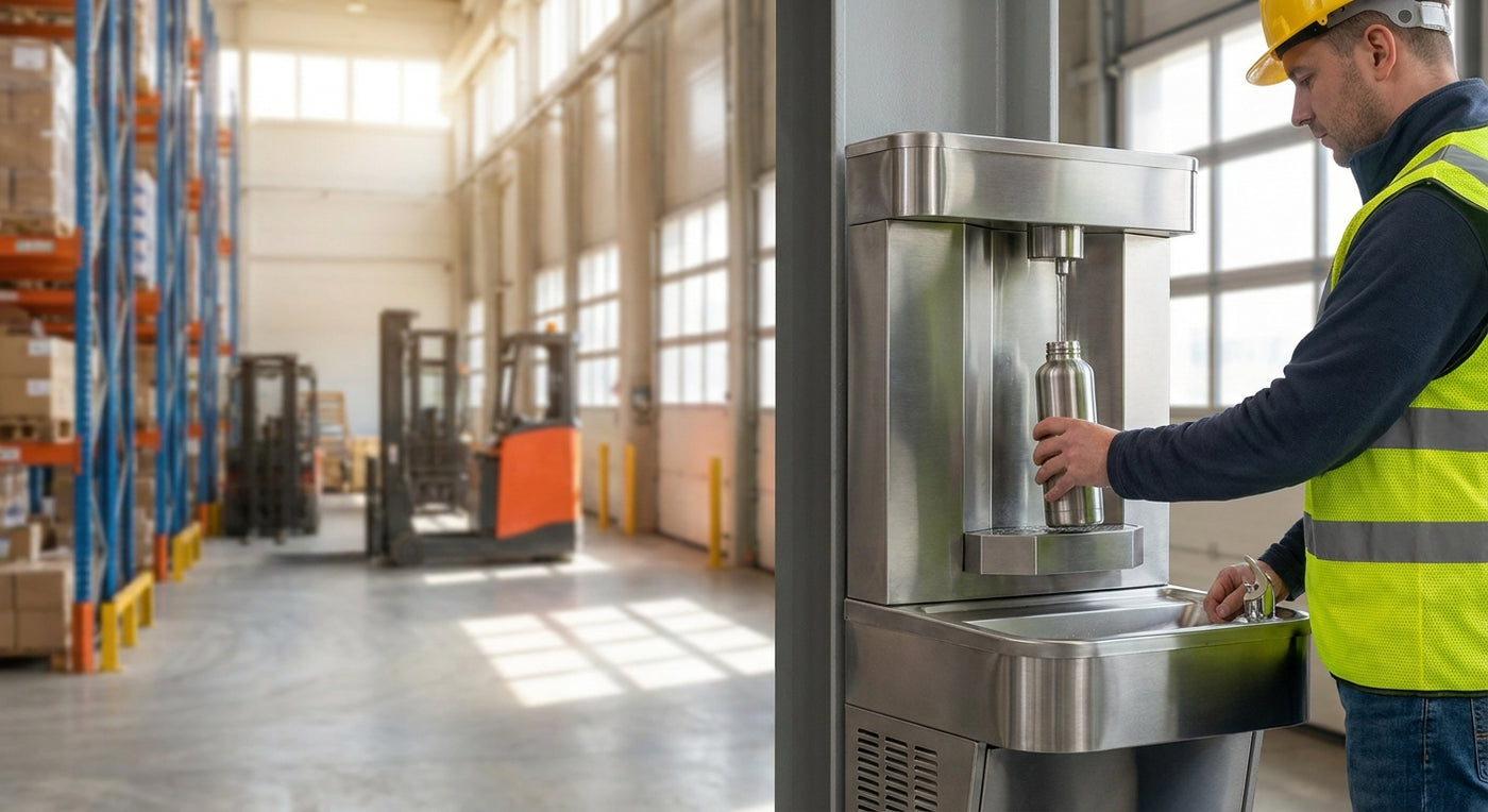 Water bottle filling station for warehouses and factories