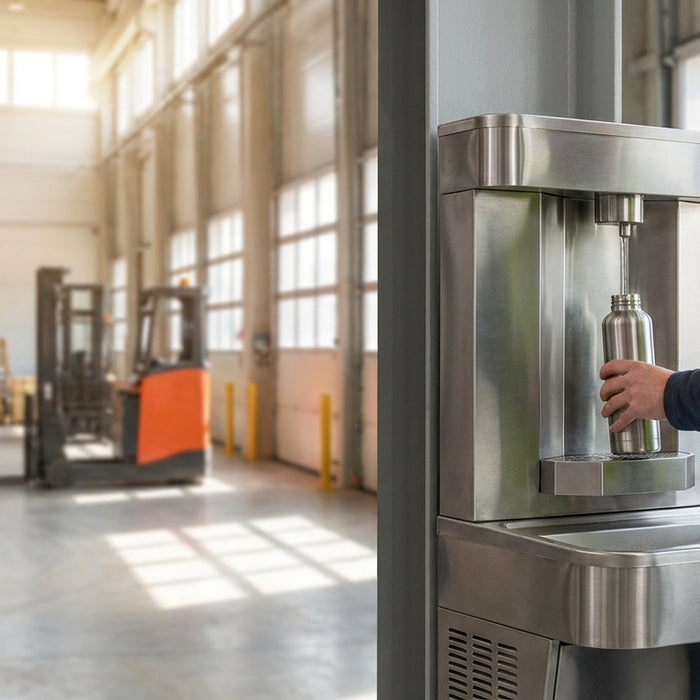 Water bottle filling station for warehouses and factories