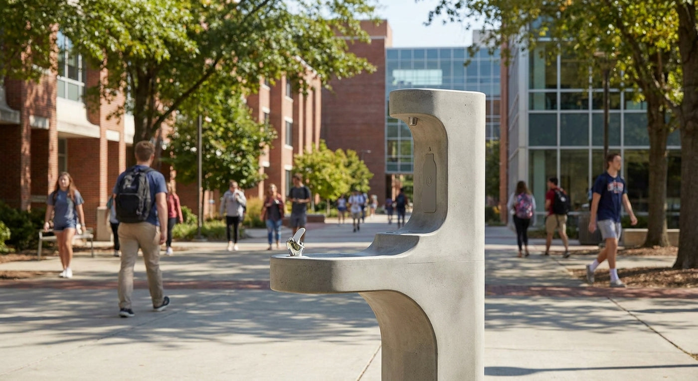 Concrete drinking fountain for university campuses