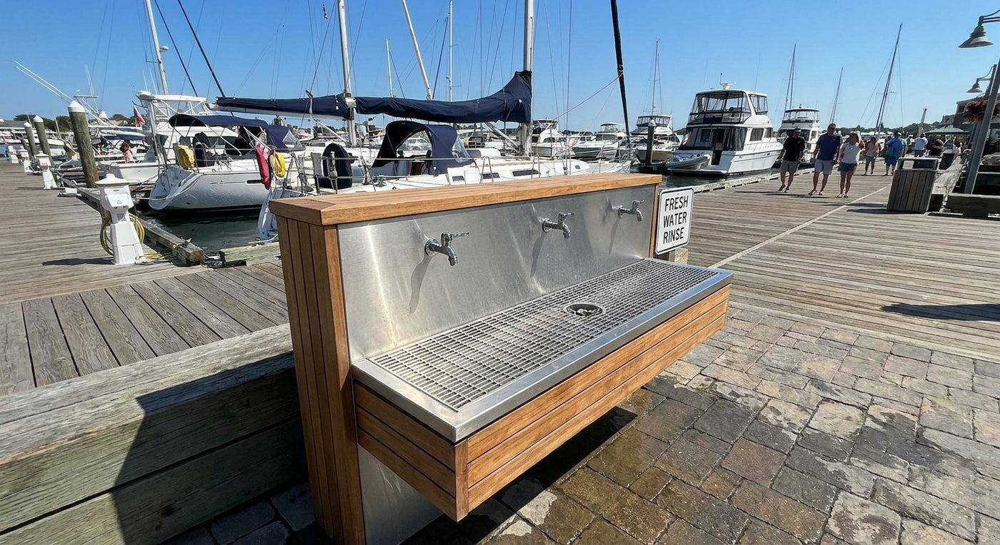 Foot wash station for marinas and boat docks