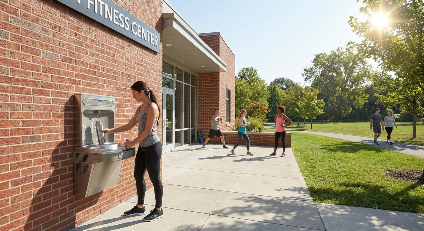 Outdoor wall-mounted bottle filler for gyms