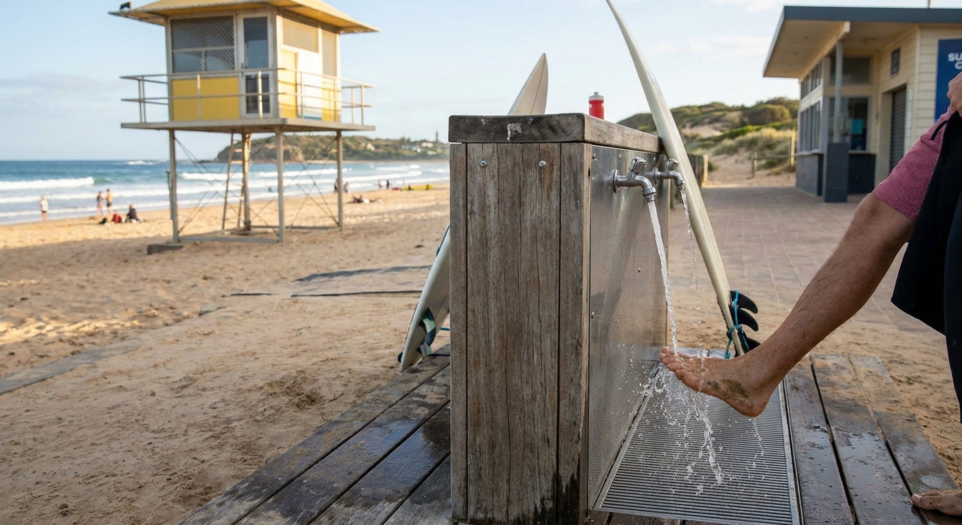 Foot wash station for surf clubs and lifeguard stations