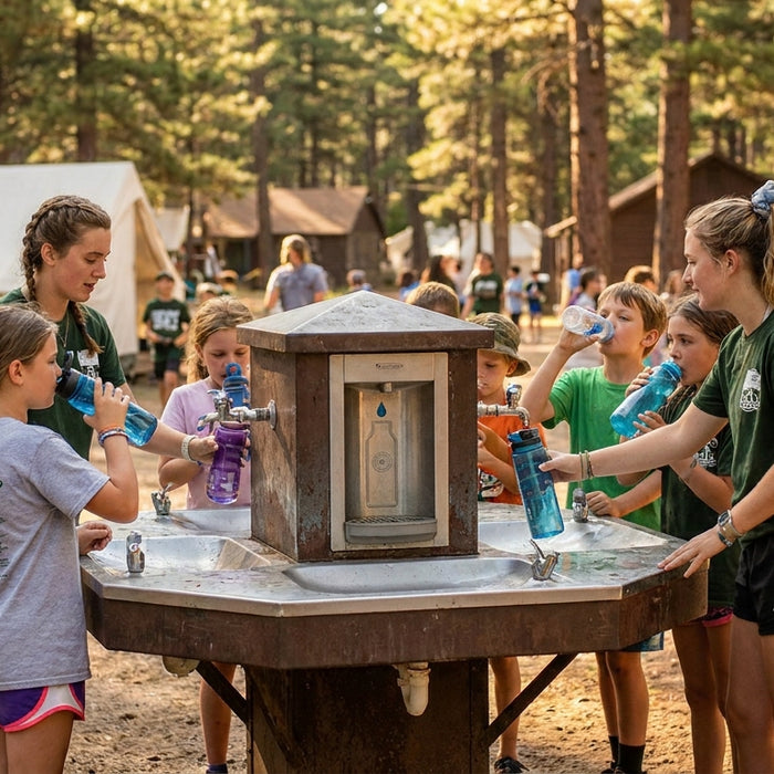 Outdoor drinking fountain for summer camps