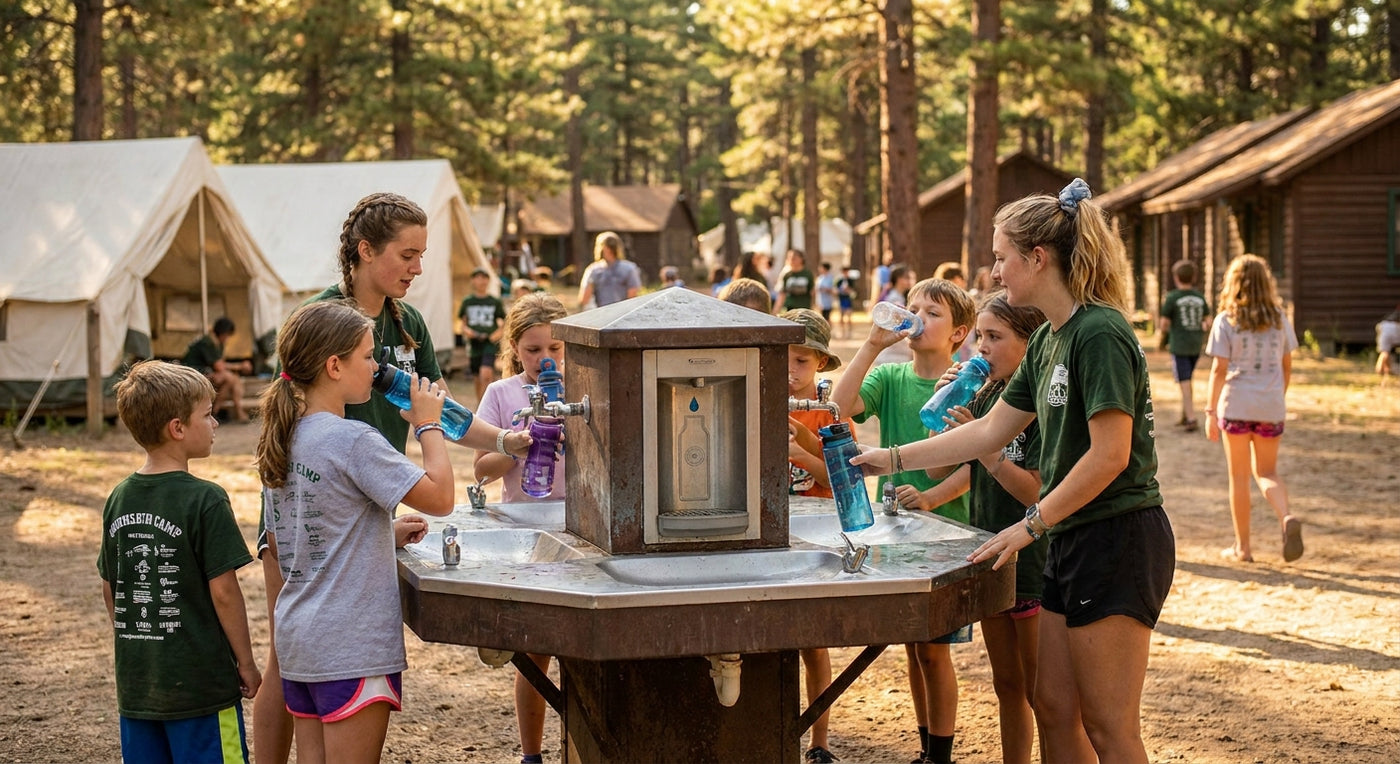 Outdoor drinking fountain for summer camps