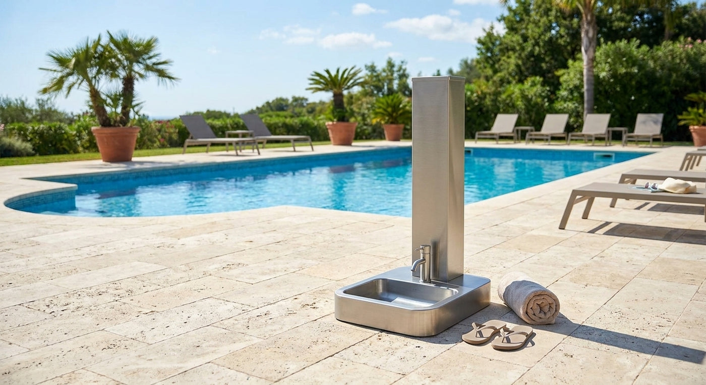 Outdoor foot wash station for pool decks