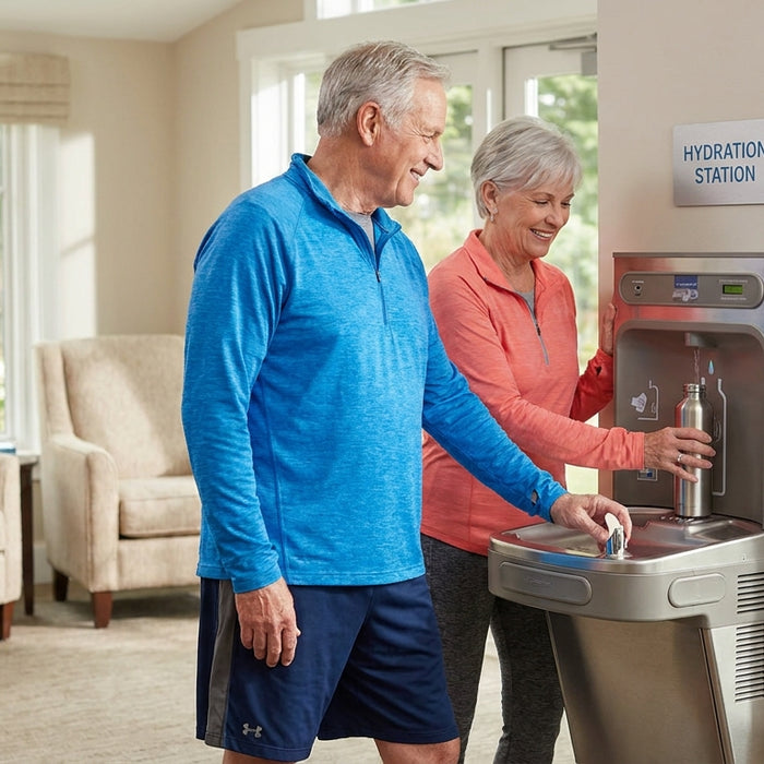 Water bottle filling station for senior living communities