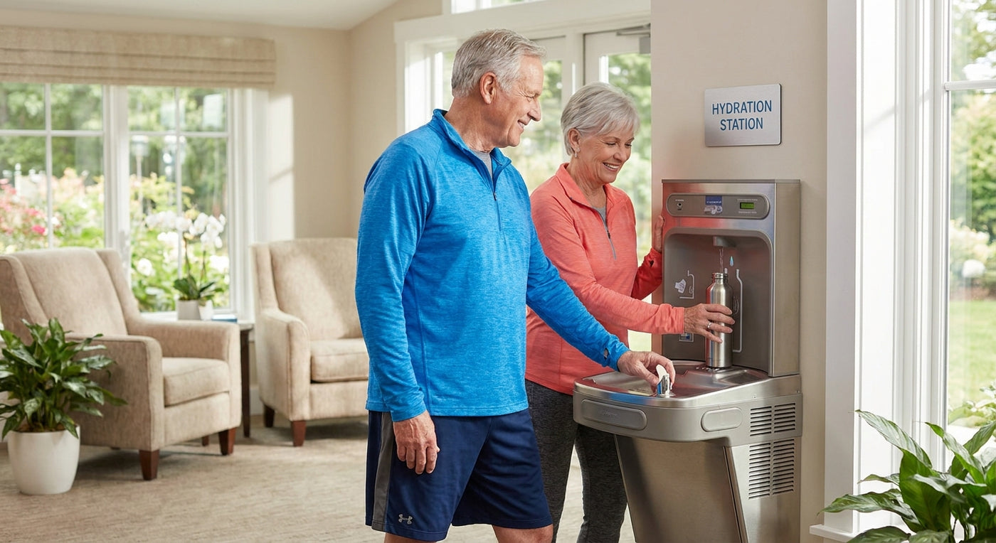 Water bottle filling station for senior living communities