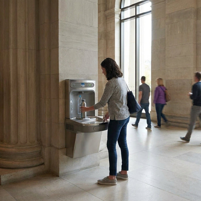 Water bottle filling station for museums and cultural centers