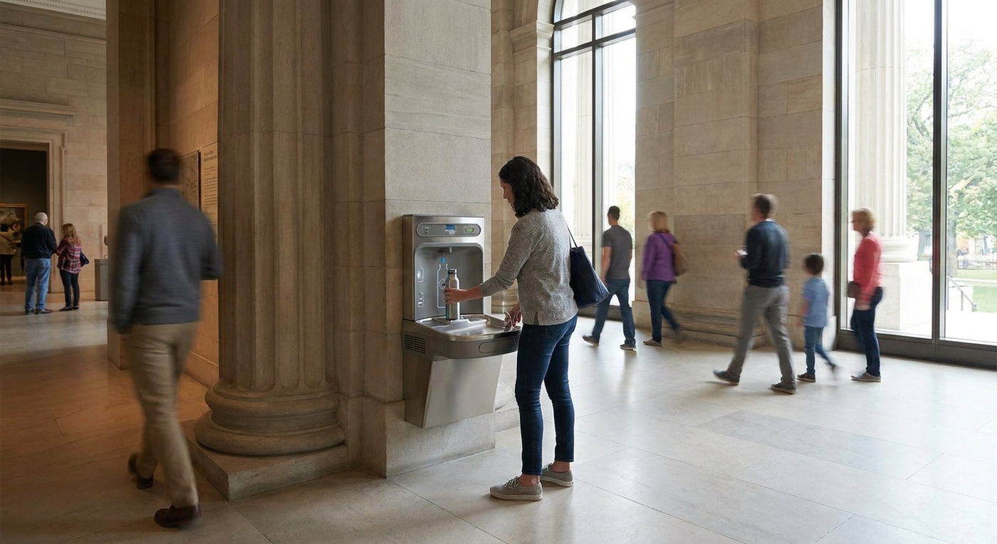 Water bottle filling station for museums and cultural centers