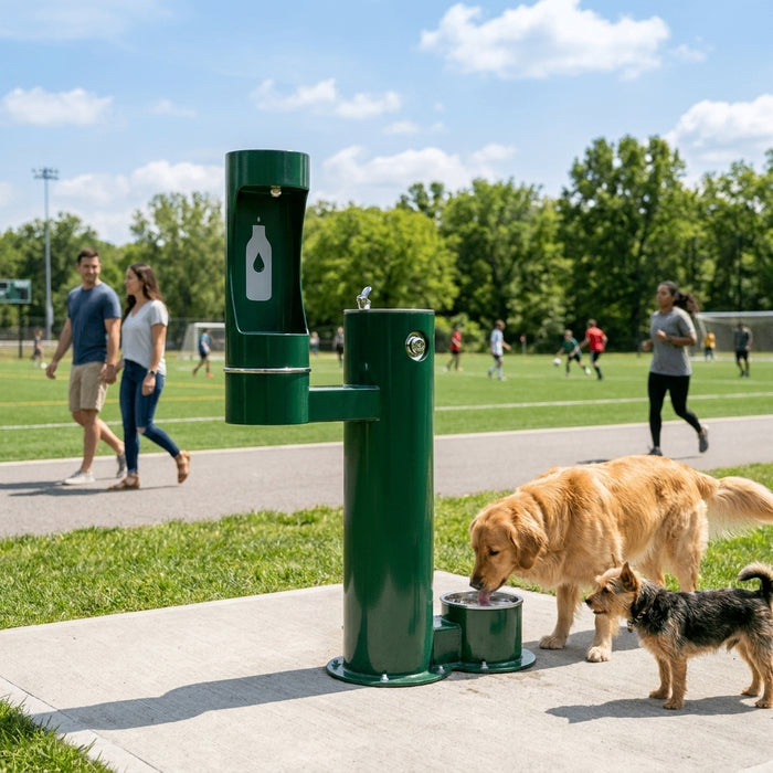 Outdoor drinking fountain for sports complexes