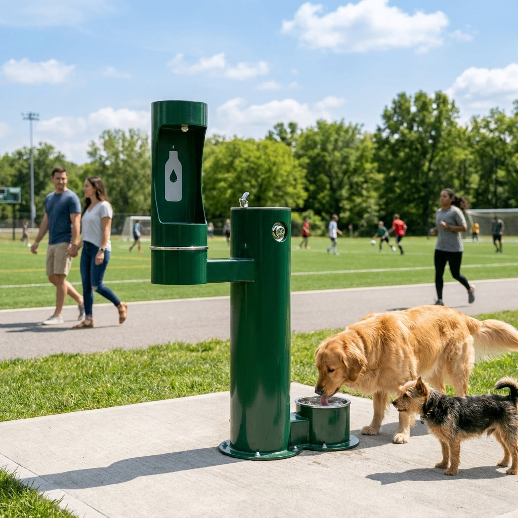 Outdoor drinking fountain for sports complexes