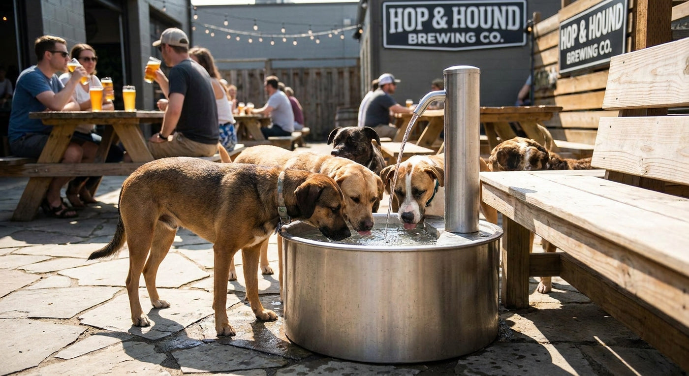 Pet water fountain for breweries and pet-friendly patios