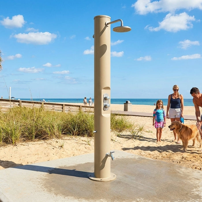 Heavy-duty outdoor shower for public beach facilities