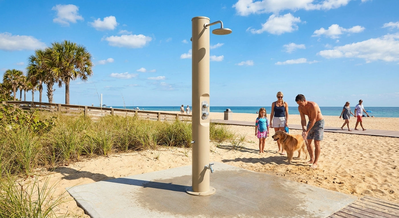 Heavy-duty outdoor shower for public beach facilities