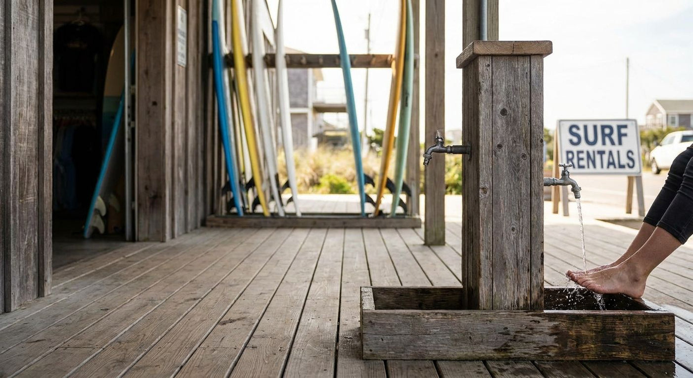 Foot wash station for surf shops and board rental counters