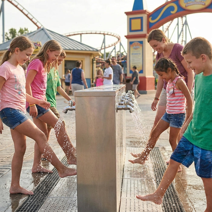 Foot wash station for amusement parks and theme parks
