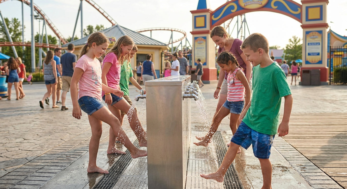 Foot wash station for amusement parks and theme parks