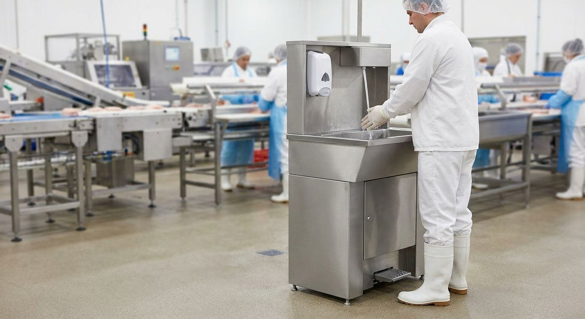 Foot-activated hand washing station for food processing plants