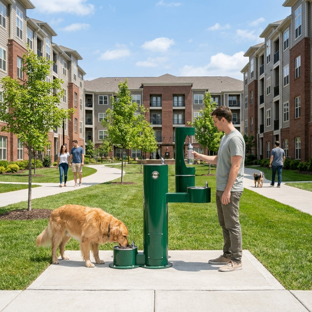 Outdoor pet water station for apartment complexes