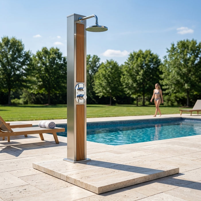 Outdoor shower with hot and cold mixer for pool decks