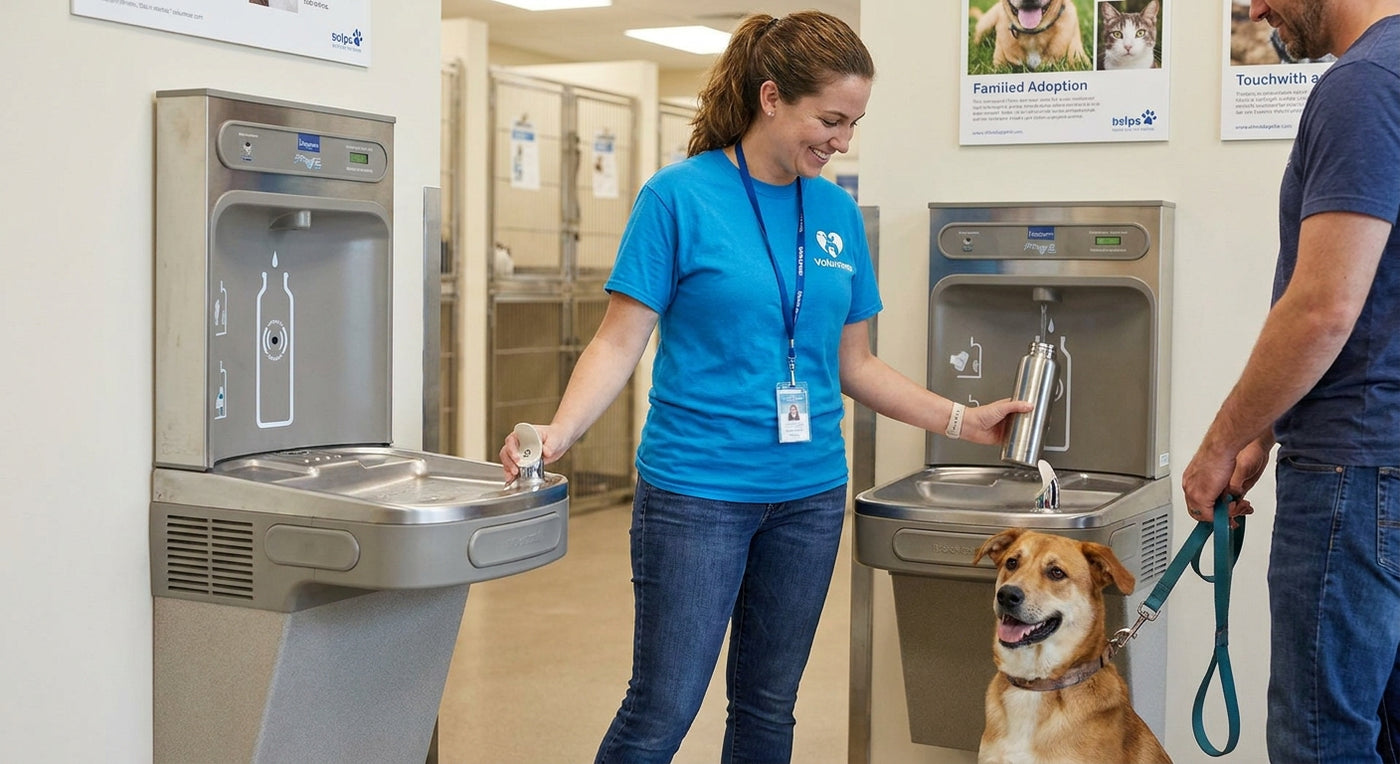 Water bottle filling station for animal shelters