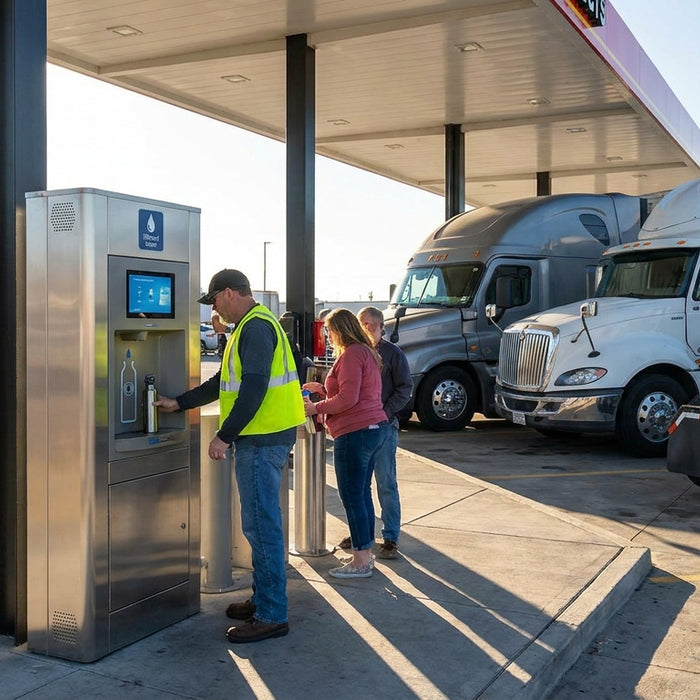 Water bottle filling station for truck stops and travel centers