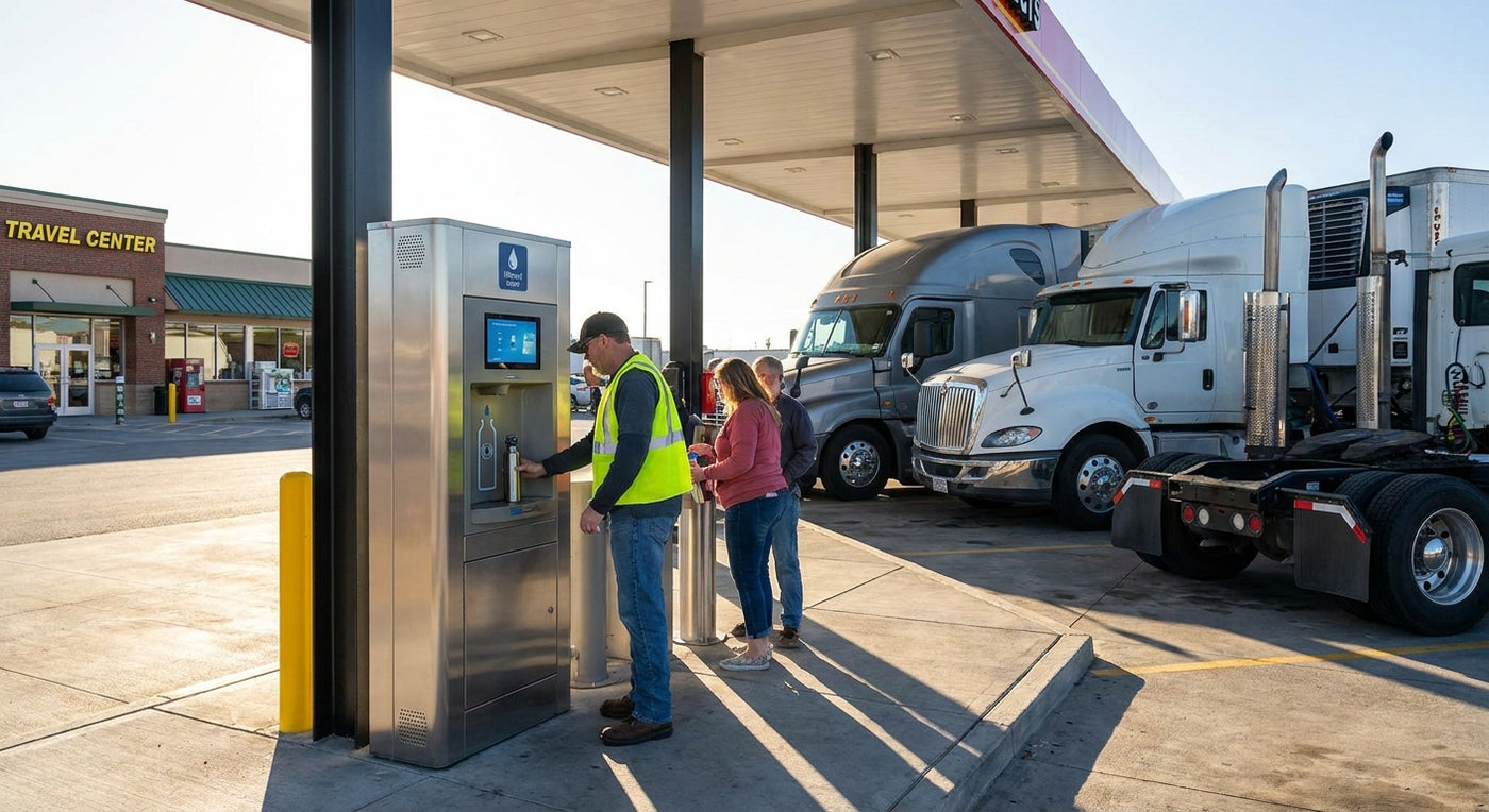 Water bottle filling station for truck stops and travel centers