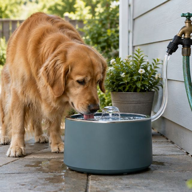 Can a pet water fountain share a line with an outdoor hose bib?