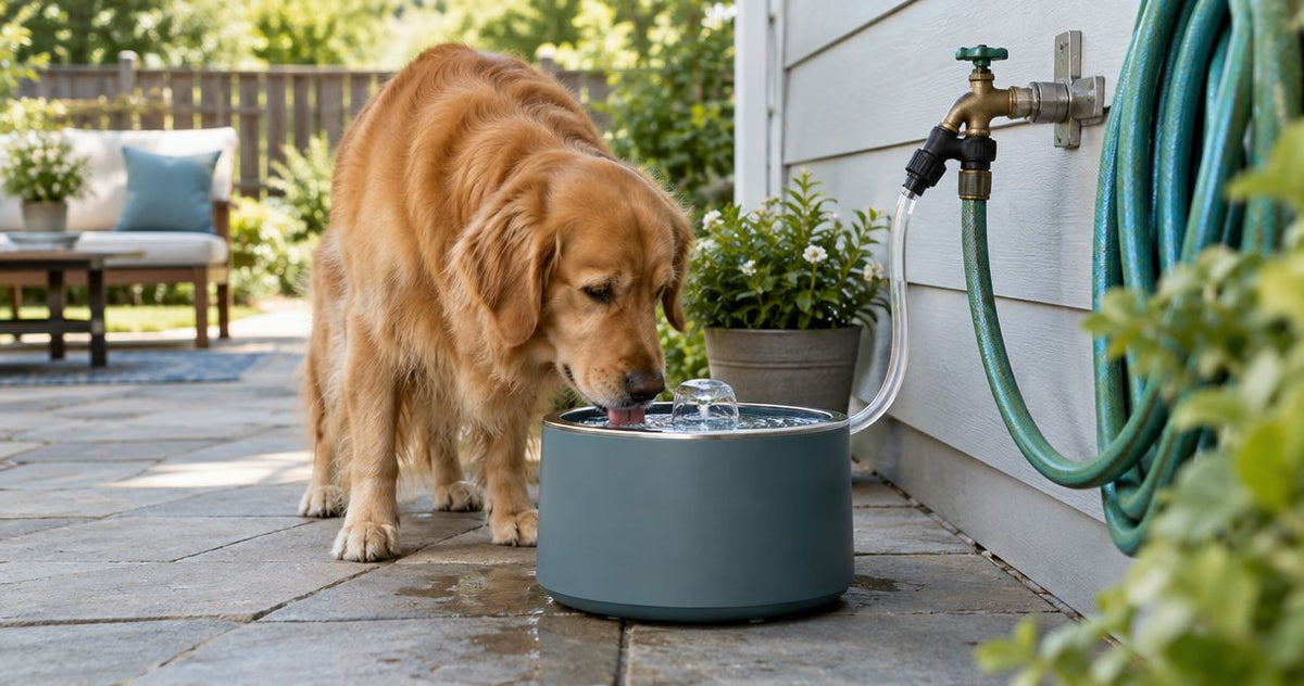 Can a pet water fountain share a line with an outdoor hose bib?