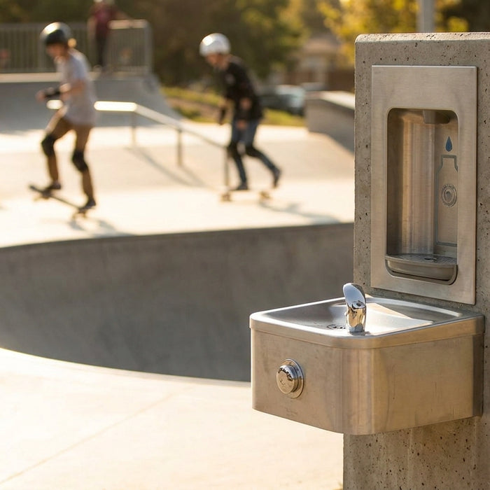 Outdoor drinking fountain for skate parks