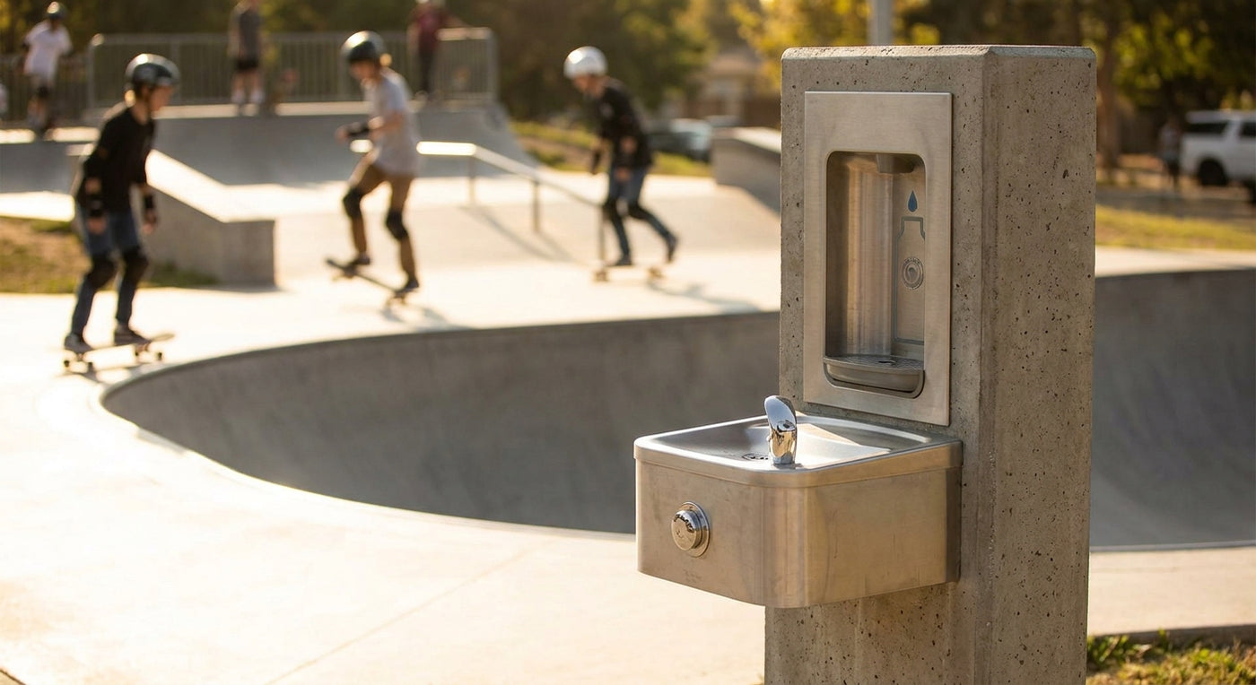 Outdoor drinking fountain for skate parks