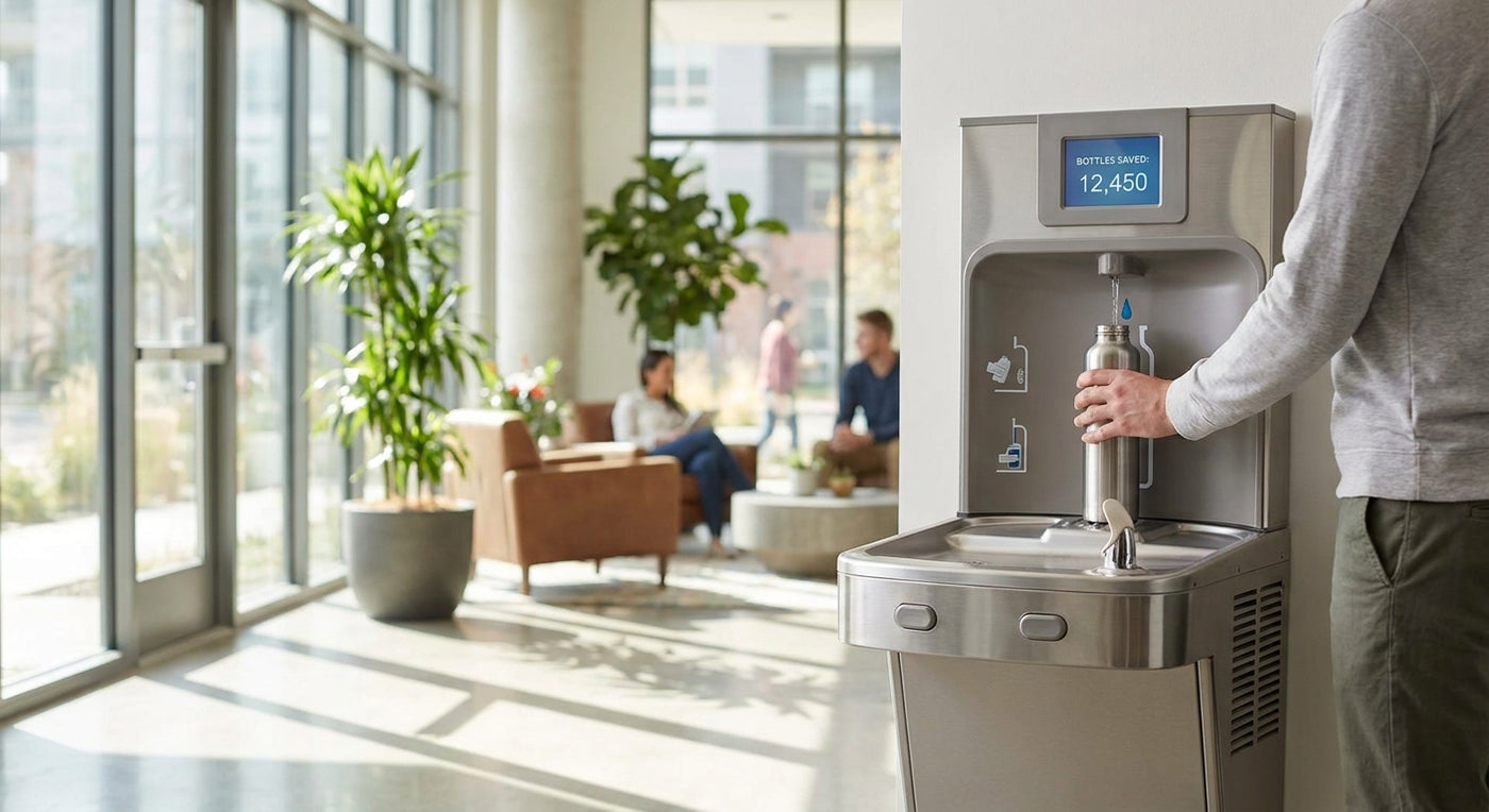 Water bottle filling station for apartment complexes