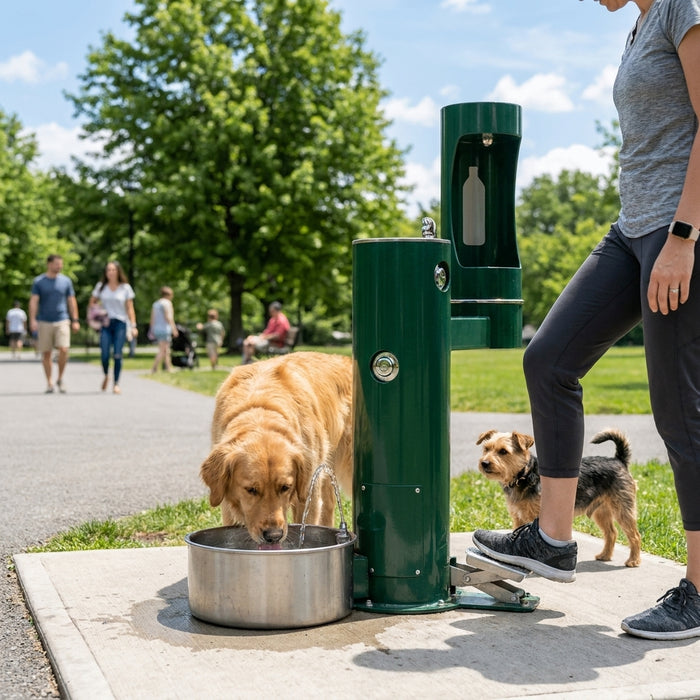 Outdoor pet water fountain with foot activation