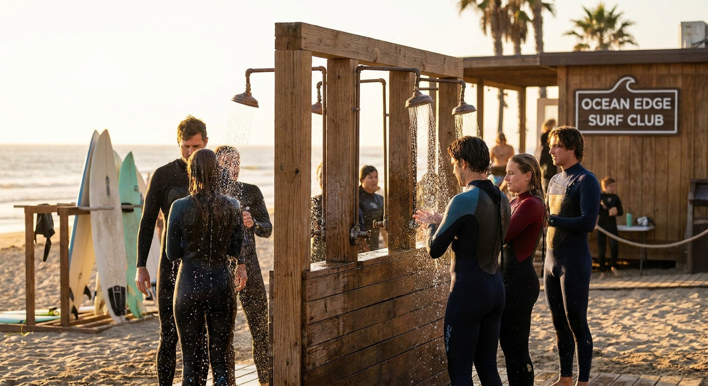 Outdoor shower for surf schools and surf clubs