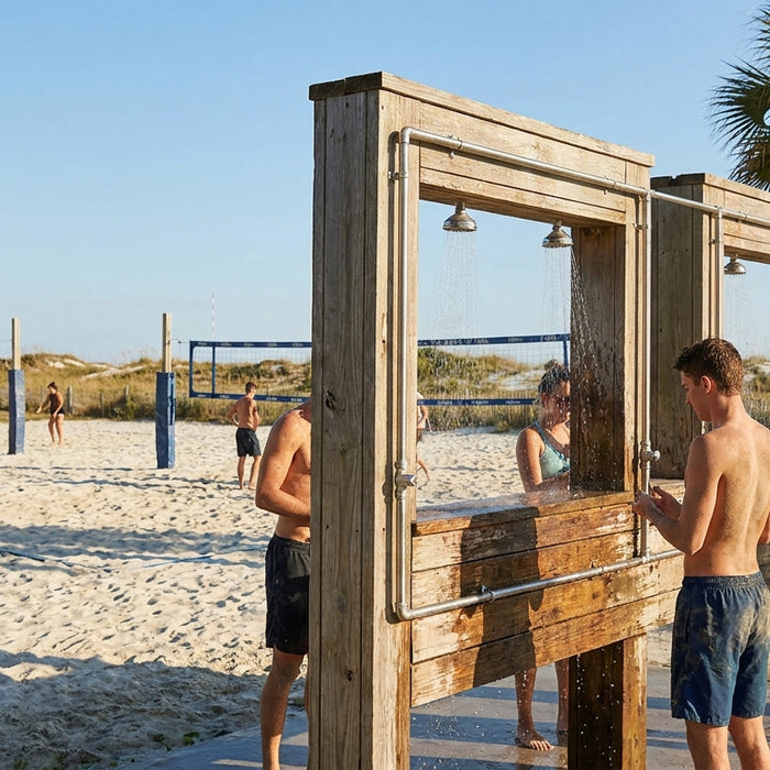 Outdoor shower for beach volleyball complexes