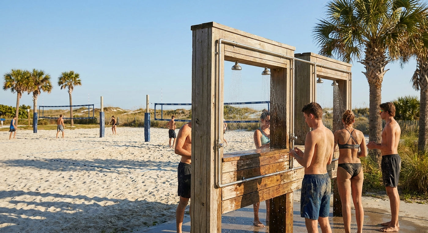Outdoor shower for beach volleyball complexes