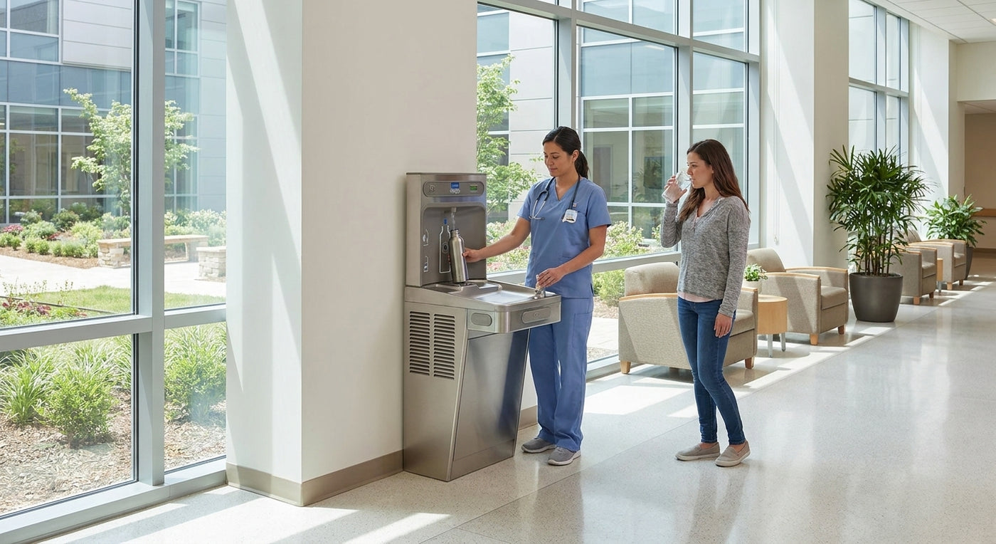 Water fountain with bottle filler for hospitals