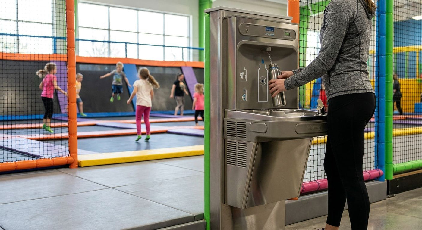 Drinking fountain for indoor trampoline parks