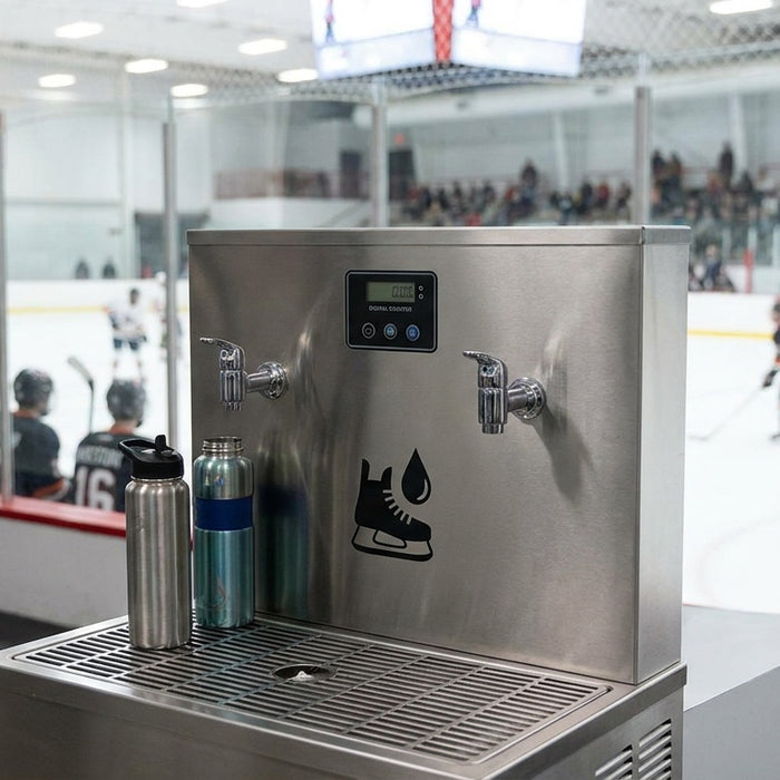 Water bottle filling station for ice rinks and hockey arenas