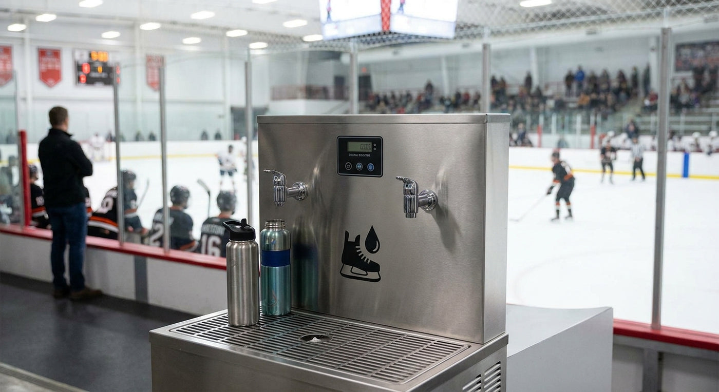 Water bottle filling station for ice rinks and hockey arenas