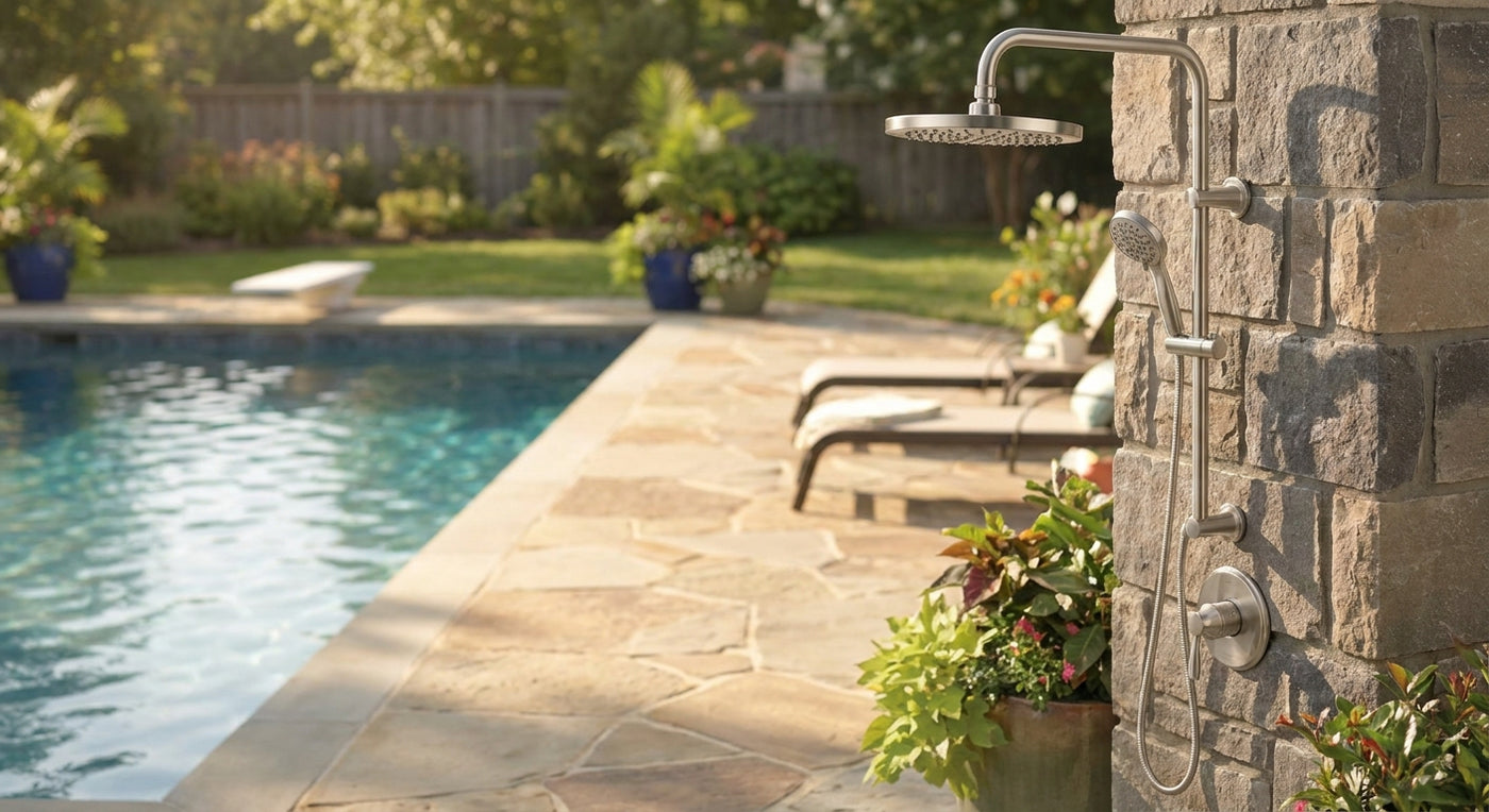 Delta outdoor shower fixtures for pool decks and patios