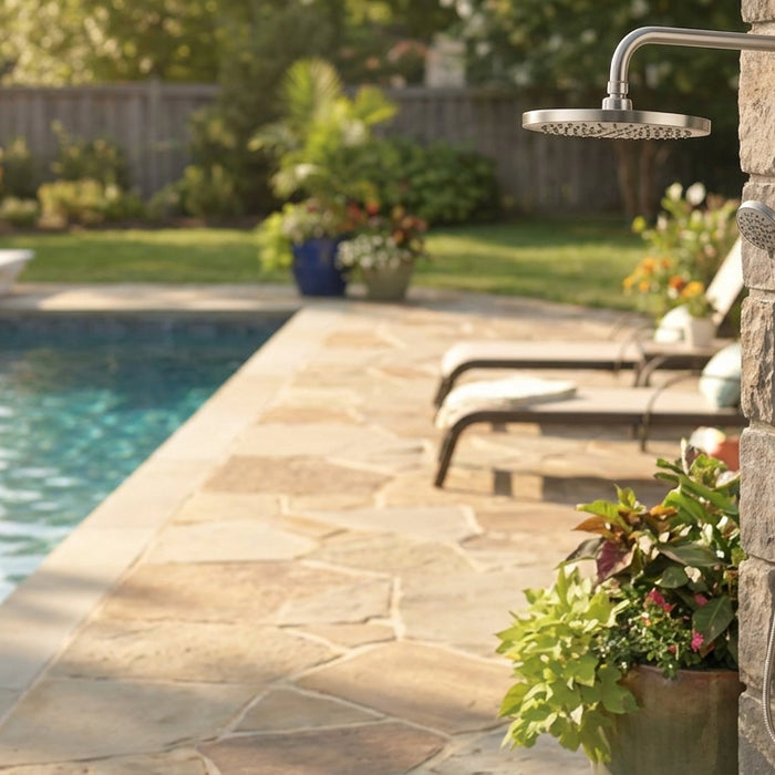 Delta outdoor shower fixtures for pool decks and patios