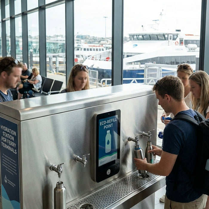 Water bottle filling station for cruise ports and ferry terminals