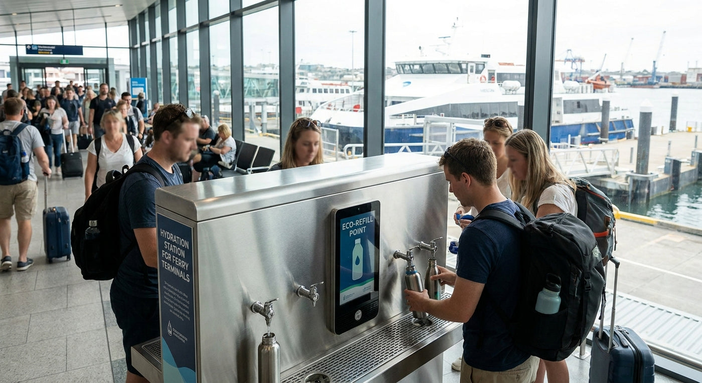 Water bottle filling station for cruise ports and ferry terminals