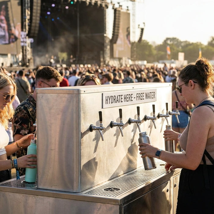 Water bottle filling station for concert and event venues