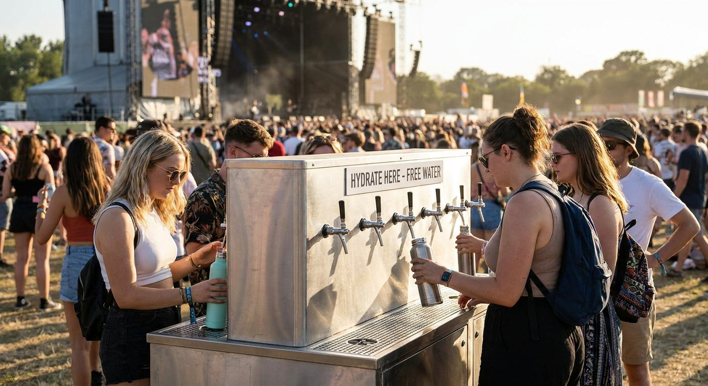 Water bottle filling station for concert and event venues